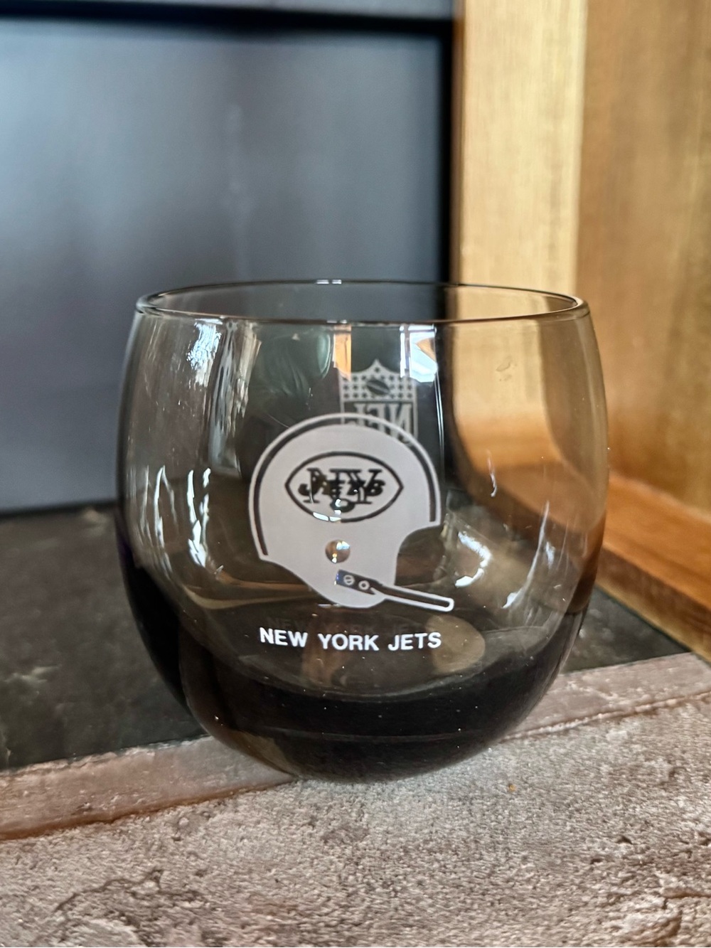 Vintage 1970s New York Jets Smokey Gray Roly Poly Rocks Glass
